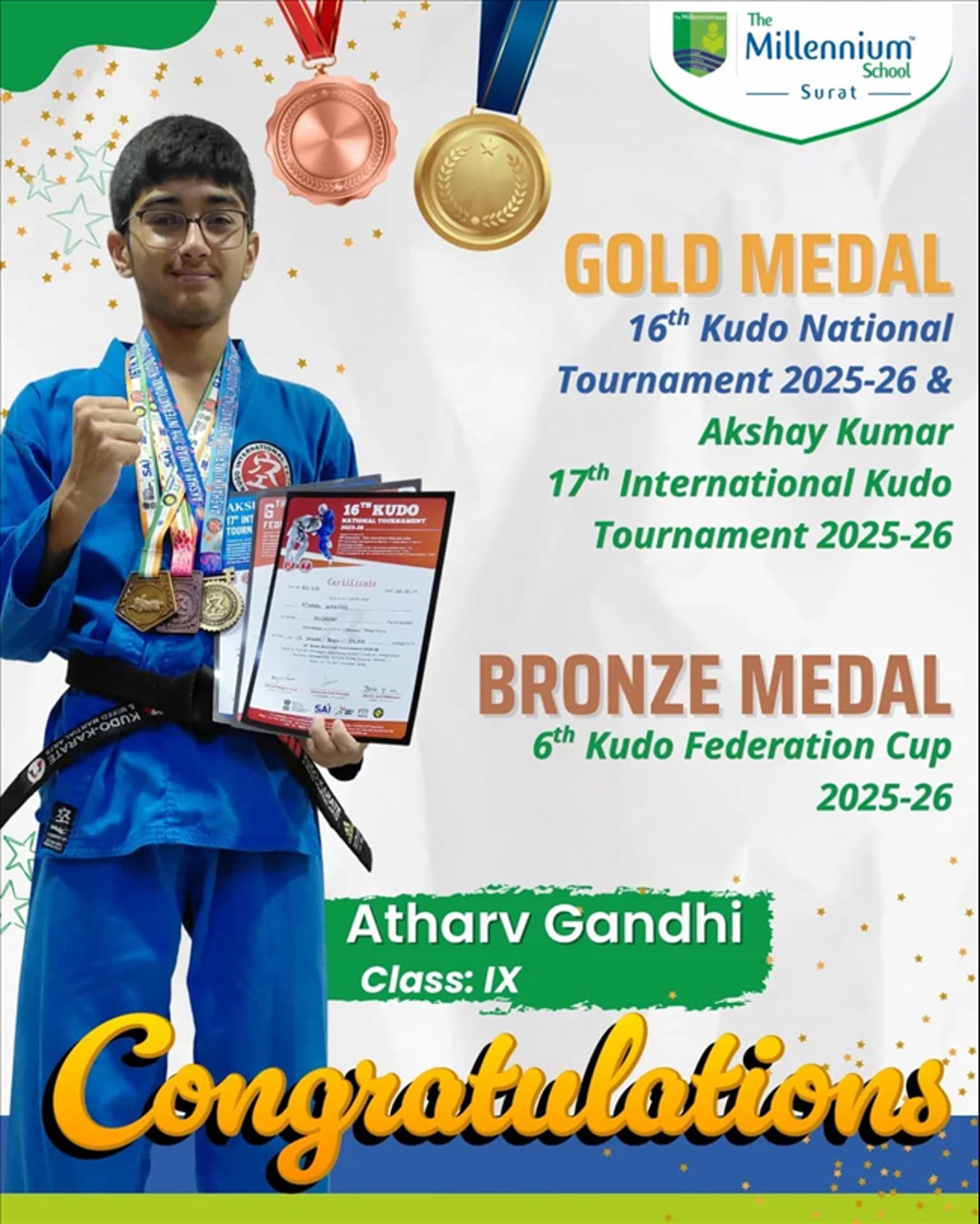 Triple Medal Glory at Kudo Tournament 2025-26