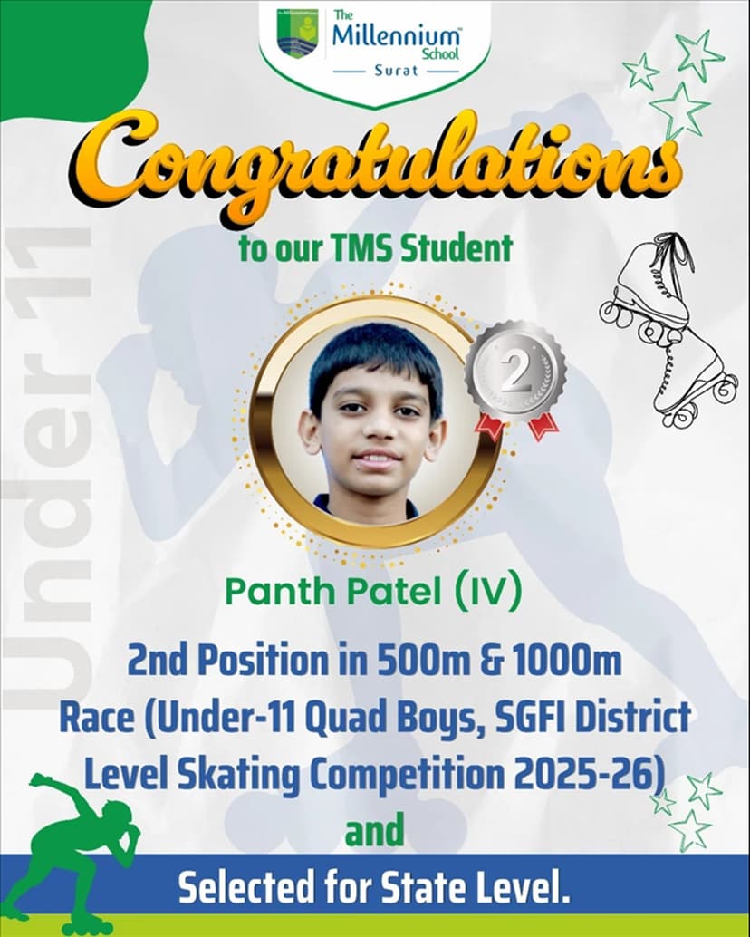 Secured 2nd Position SGFI District Level Skating Competition 2025-26 (Under-11 Quad Category)