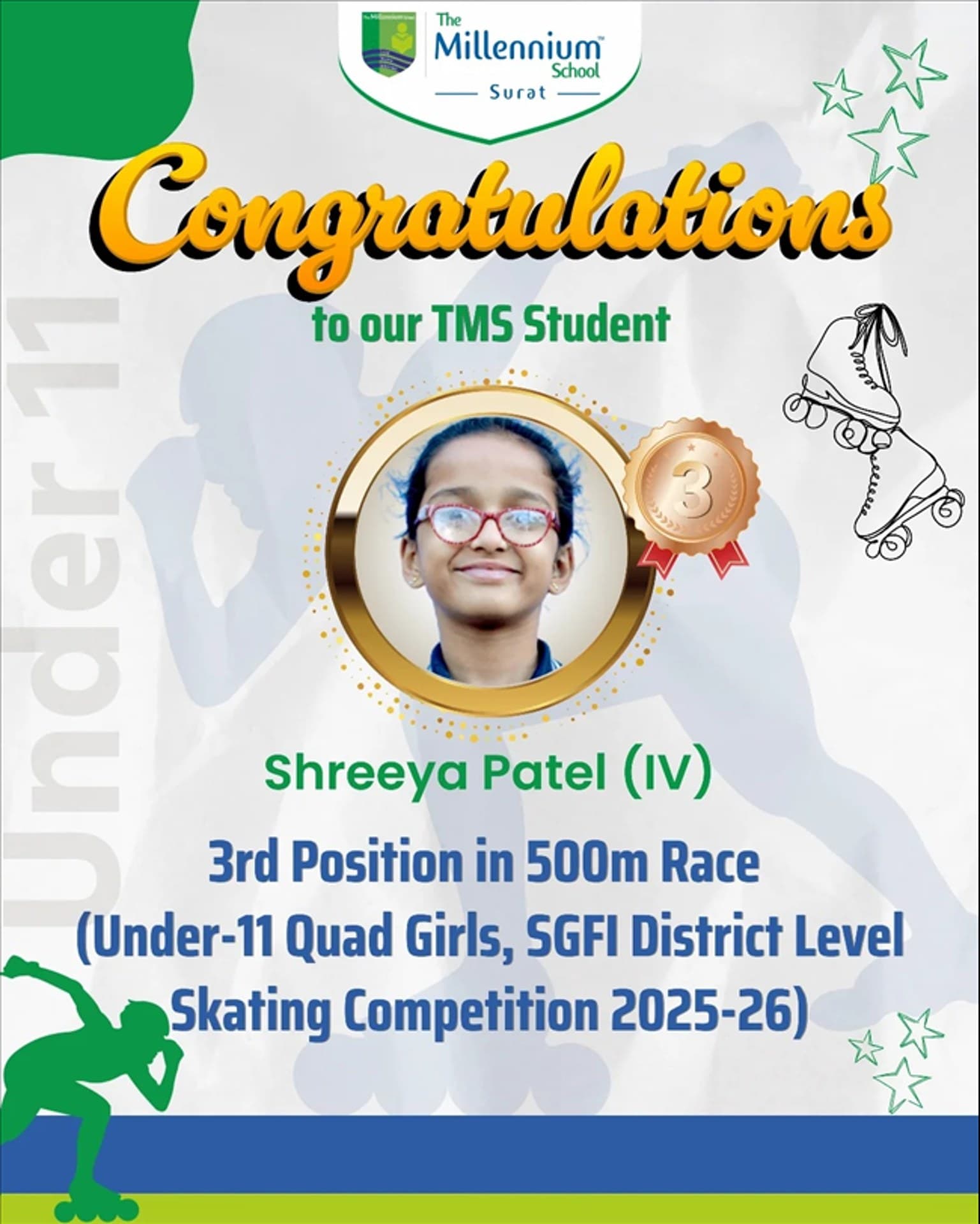 Secured 3rd Position in the SGFI District Level Skating Competition 2025-26 (Under-11 Quad Category)