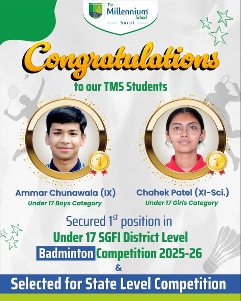 Secured 1st Position ?? in the Under 17 SGFI District Level Badminton Competition 2025-26 and have been selected for the State Level Competition