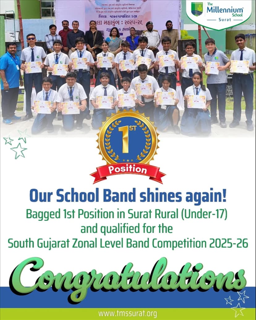 School Band has once again proven their talent by bagging 1st Position in Surat Rural (Under-17)
