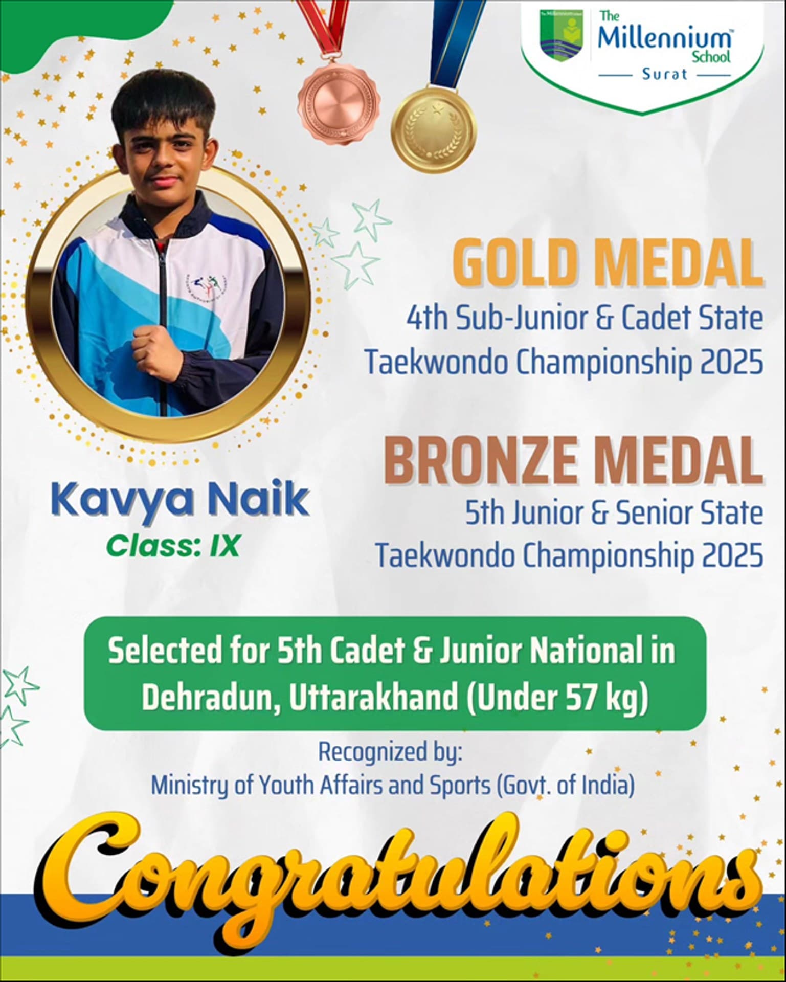 Kavya Naik Class IX for his remarkable achievements in Taekwondo at both the State and National Levels !