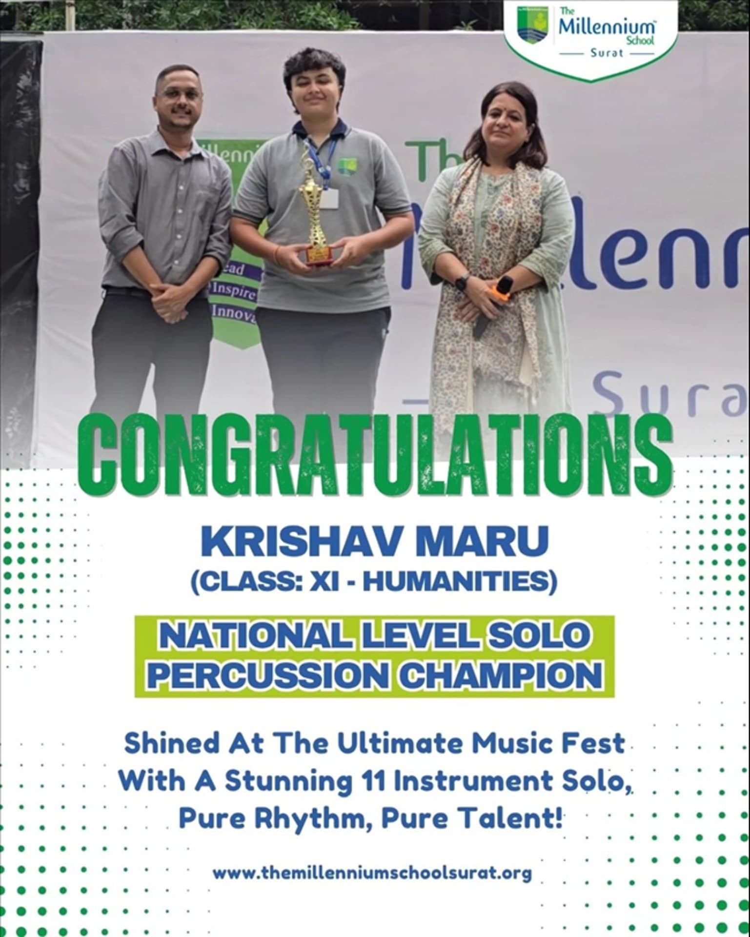 Krishav Maru from class XI - National Level Solo Percussion Champion
