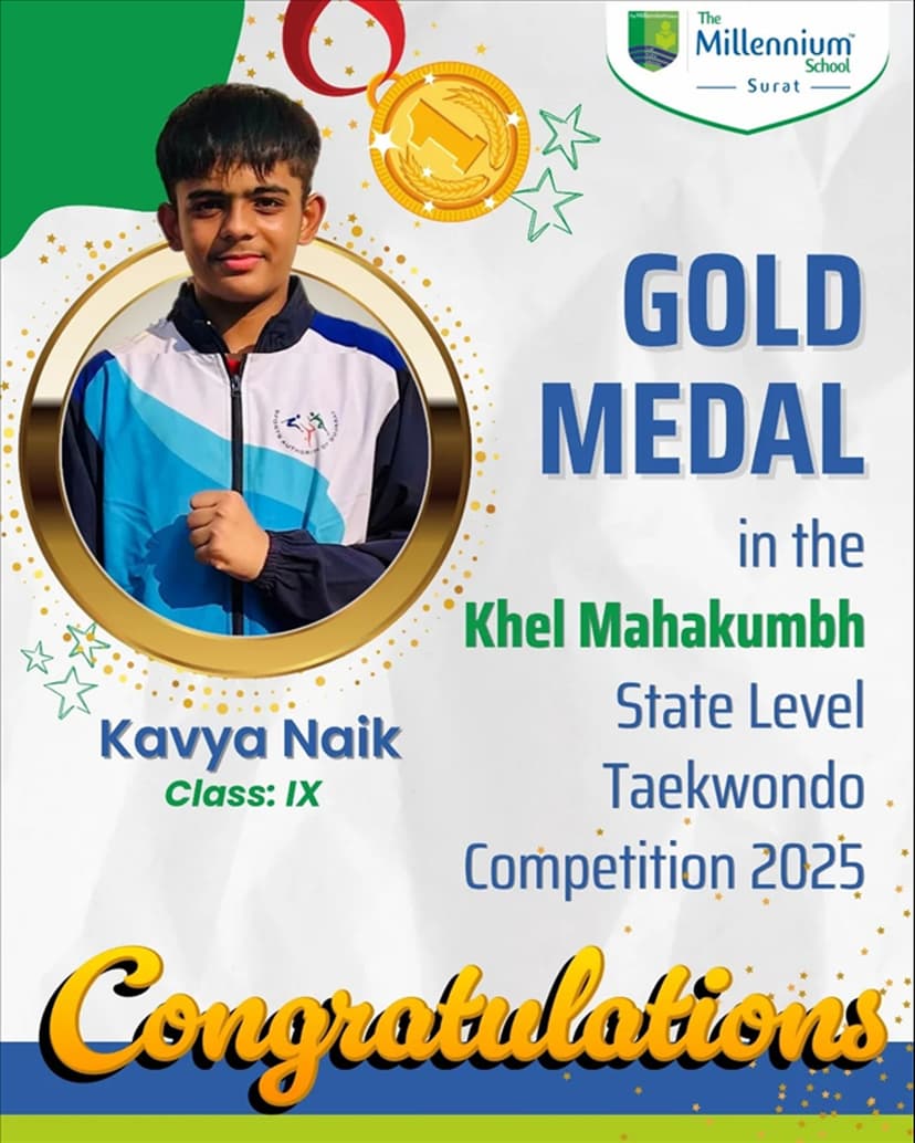 Kavya Naik from Class IX for clinching the Gold Medal at the Khel Mahakumbh State Level Taekwondo Competition 2025