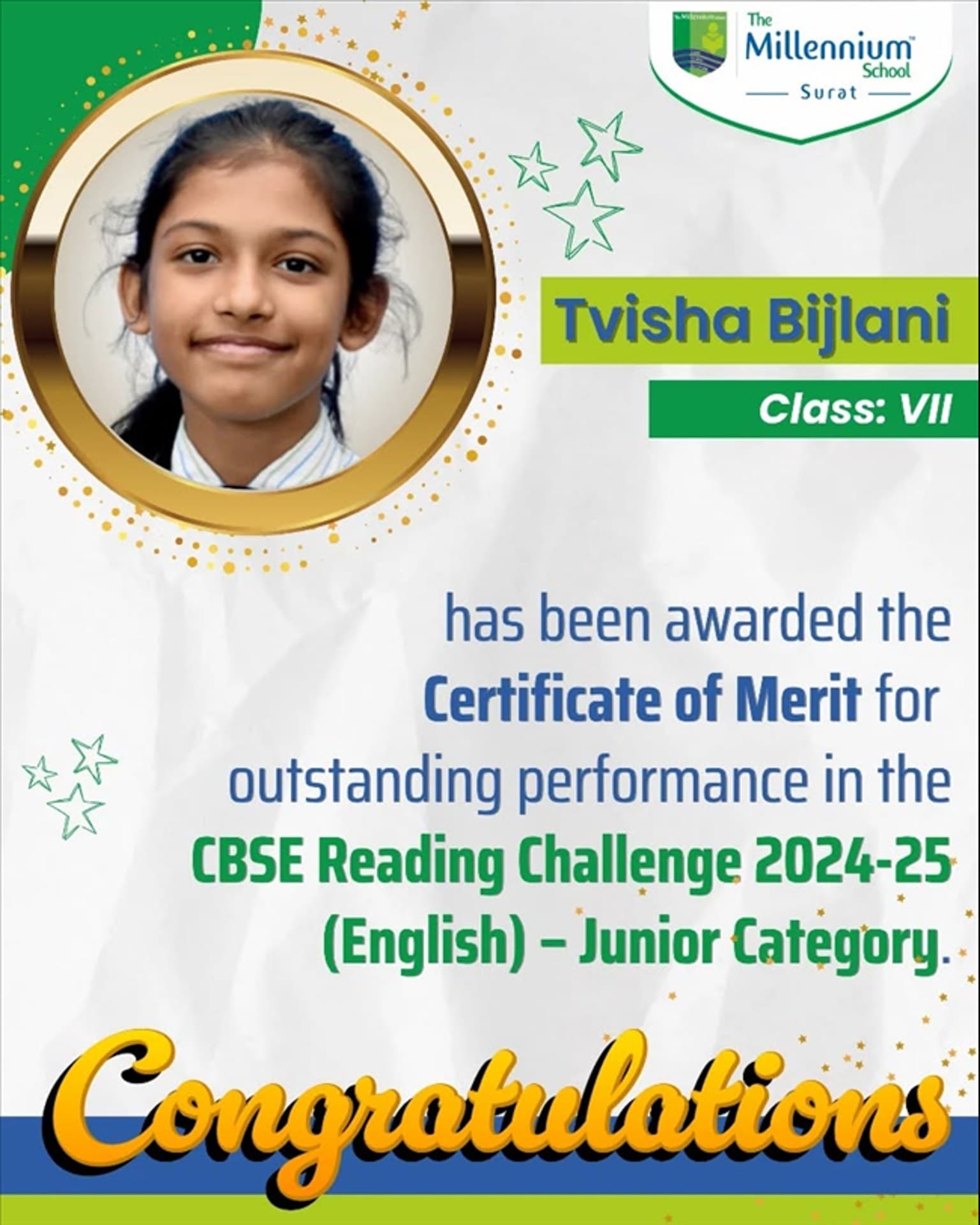 Certificate of Merit in the CBSE Reading Challenge 2024-25 (English) – Junior Category!