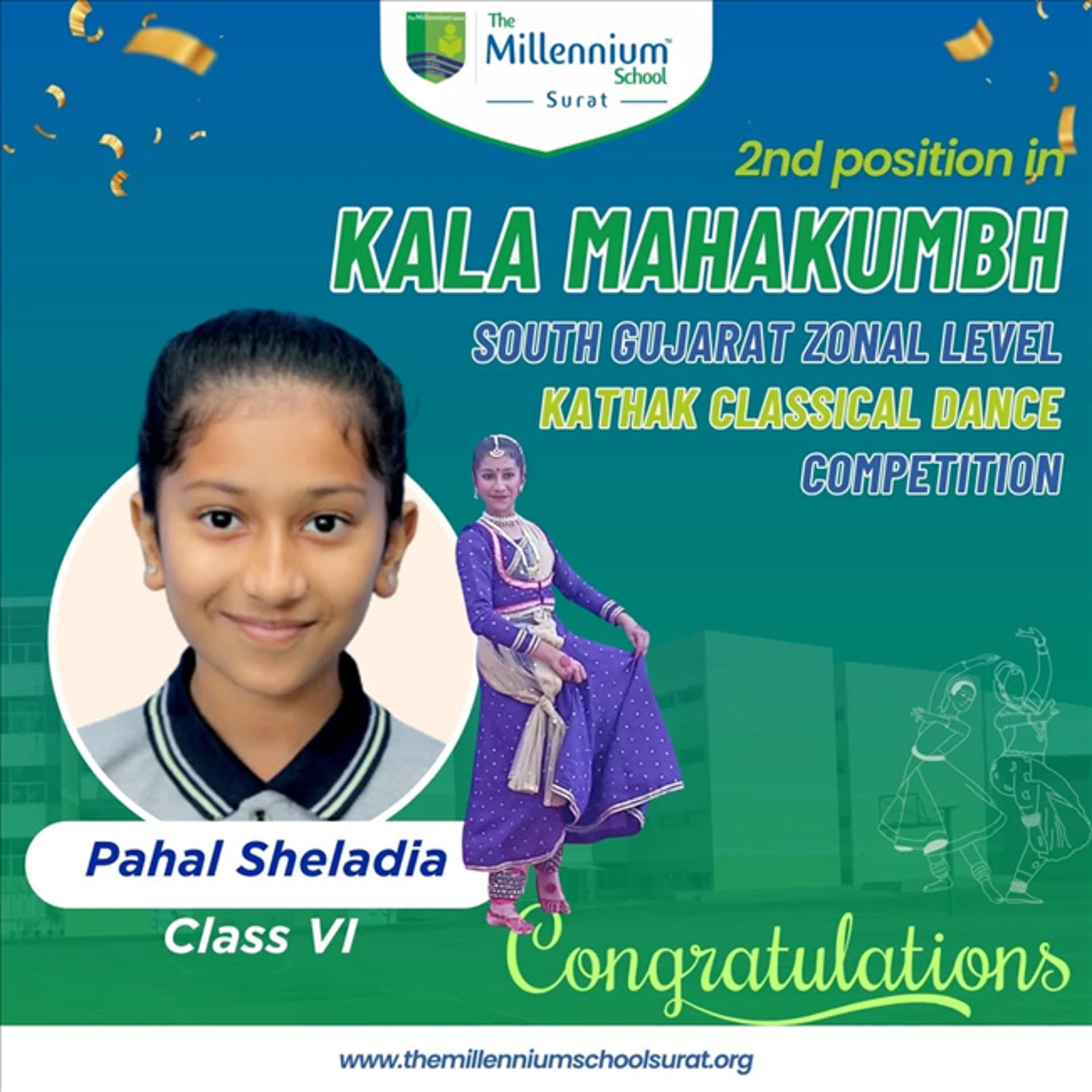 Secured the 2nd position in the Kala Mahakumbh – South Gujarat Zonal Level Kathak Classical Dance Competition!