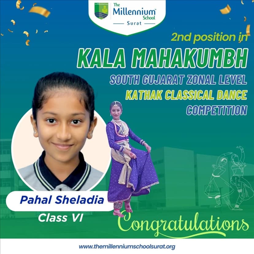 Secured the 2nd position in the Kala Mahakumbh – South Gujarat Zonal Level Kathak Classical Dance Competition!