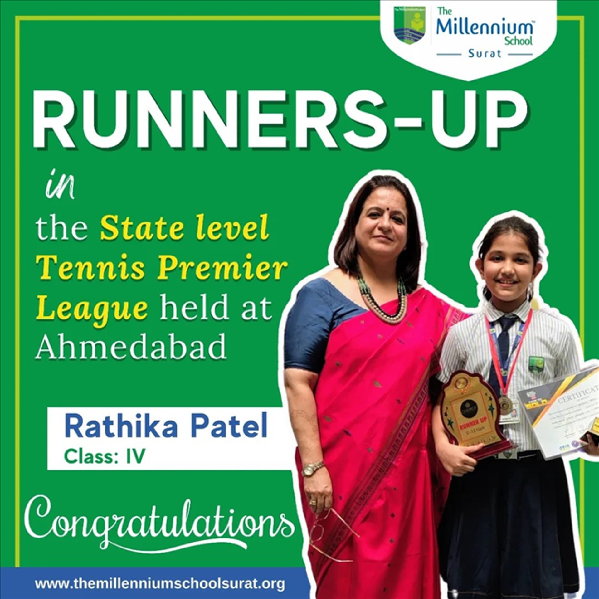 Runners-Up position in the State Level Tennis Premier League