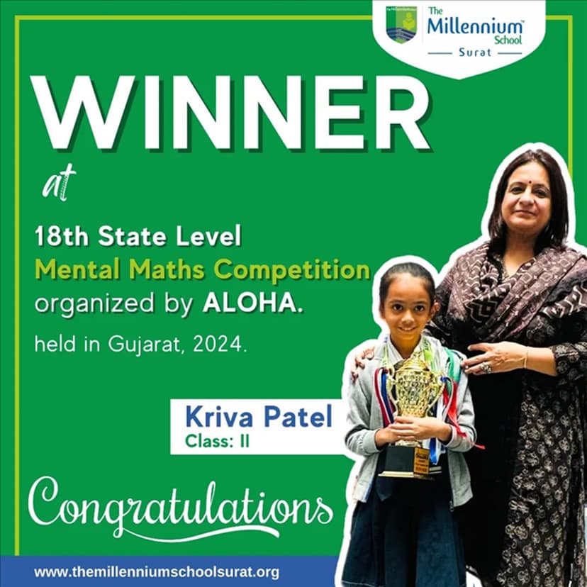Winner at the 18th State Level Mental Maths Competition organized by ALOHA in Gujarat, 2024