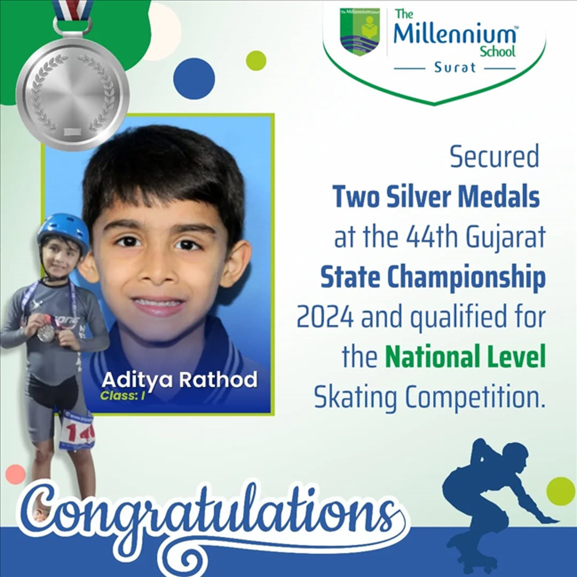 Two Silver Medals at the 44th Gujarat State Skating Championship 2024.
