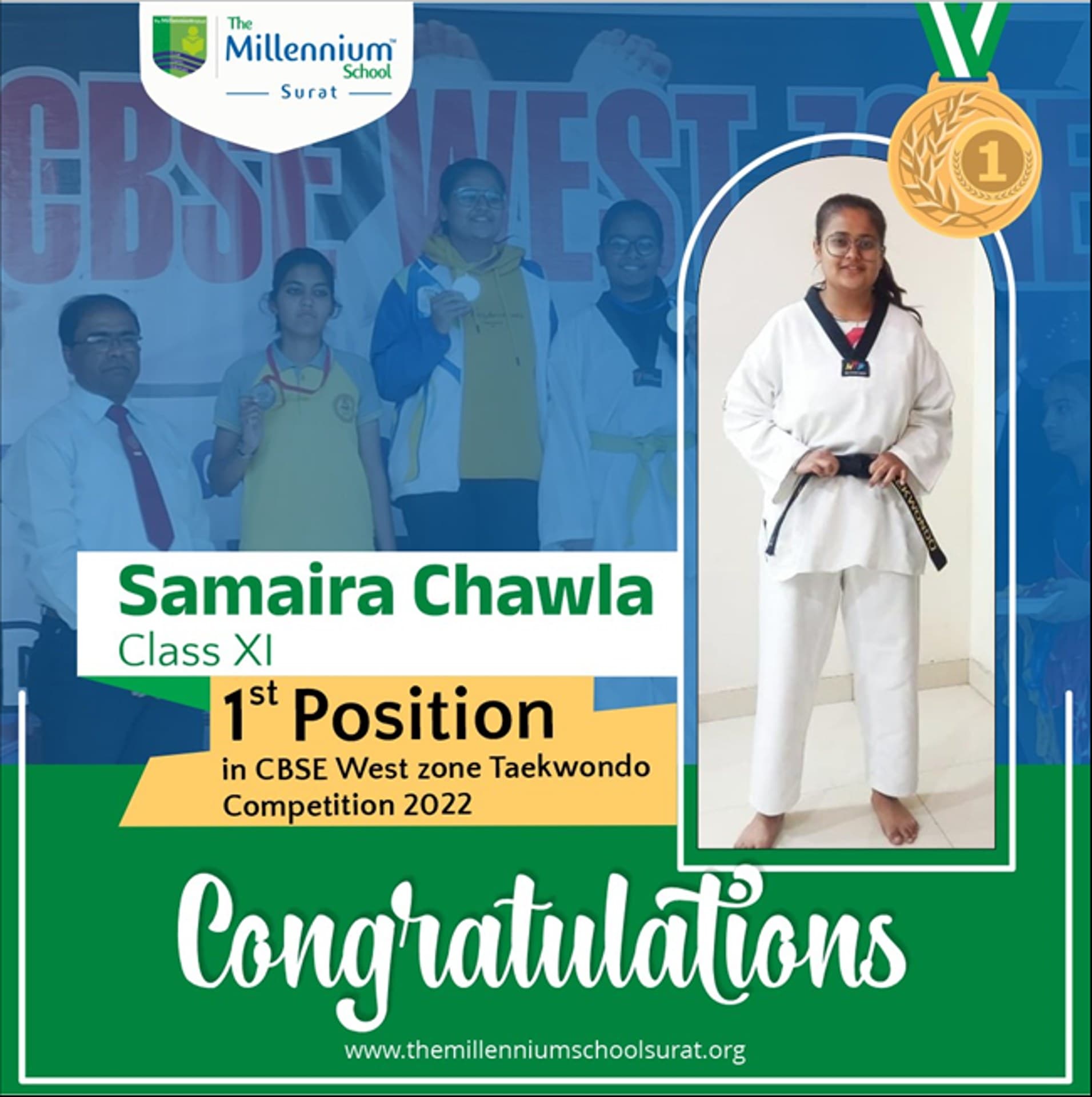 Gold in CBSE West Zone Taekwondo Competition and got selected for National level